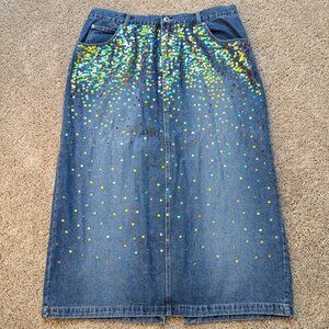 Vintage Jeans Skirt Womens 20W Blue Sequins 100% Cotton Maxi Embellished 00s Y2K